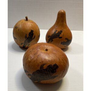 3 Southwest Gourds with Seeds Carved Hand Painted Alligators Crocodiles - NEW